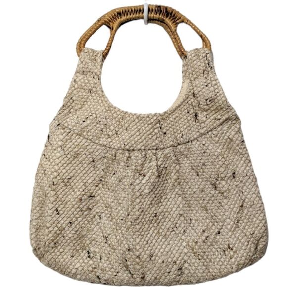 VINTAGE Woven Textured Fabric Wood Handle Tote Bag - Picture 1 of 7